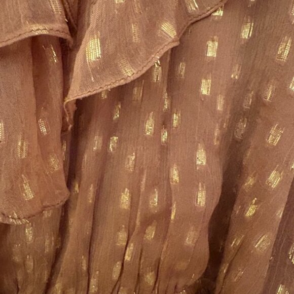 Rococo Sand Beige and Gold Asymmetrical Belted Ruffle Dress, Sz M - Picture 6 of 8